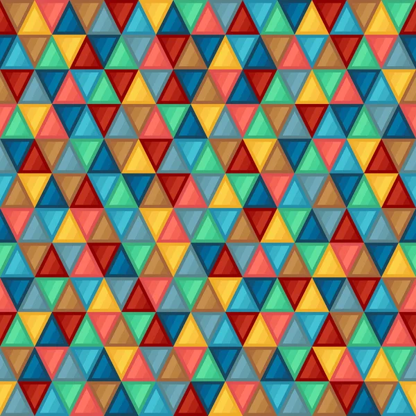 幾何学ブルー ブラウン コーラル グリーン グレー ターコイズ イエローの三角形のシームレスなパターン 単純な幾何学的三角形の図の連続フラット対称の背景 — ストックベクタ