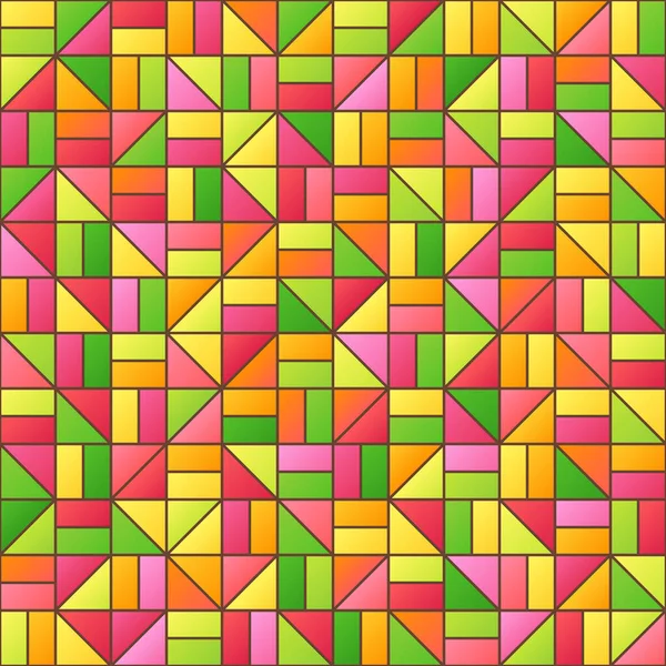 普遍的な抽象単純な幾何学的要素のシームレスなパターンクリムゾン グリーン オレンジ ピンク 黄色の色 幾何学的図形の連続対称性の背景三角形 長方形 正方形 — ストックベクタ