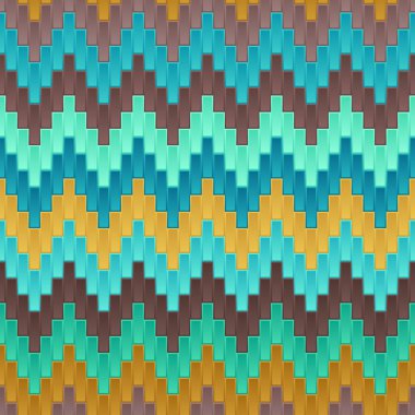 Evrensel Soyut Kusursuz Mavi, Kahverengi, Turkuaz, Zigzag Tracery ile Sarı Dikdörtgenler. Basit Gradyan Geometrik Şekillerinin Sürekli Simetrik Arkaplanı.