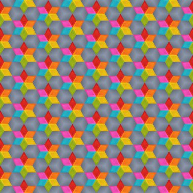 Geometrik Evrensel Soyut Parlak Mavi, Yeşil, Turuncu, Kırmızı, Pembe, Sarı Rhombuslar. Gökkuşağı Renklerinin Altıgen Basit Geometrik Şekillerinin Grafiksel Symmetrik Sürekli Arkaplanı.