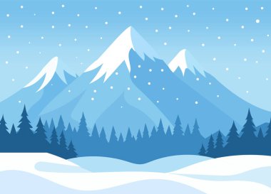 Kar ve Çam Ormanı vektör çizimleriyle kışın dağ manzarası