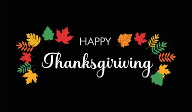 Şükran Günü vektör bayrağınız kutlu olsun. Sonbahar yapraklı tebrik kartı çerçevesi ve siyah arkaplanda şenlikli tipografi.