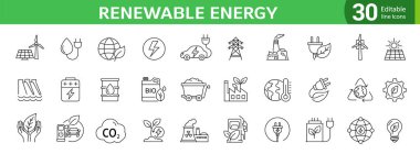 Yenilenebilir enerji hattı simgeleri ayarlandı. Ekoloji ve yeşil elektrik ikonları. Ekoloji konsepti. CO2 nötr, güneş, jeotermal ve rüzgar enerjisi gibi ikonlar içerir. Düzenlenebilir satır simgeleri. vektör illüstrasyonu