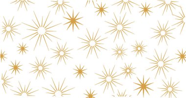 Altın yıldız patlaması kusursuz desen. Festivalsel arka plan, duvar kağıdı, tekstil ve tatil dekorasyonu için dekoratif parlak güneş patlaması tasarımı.