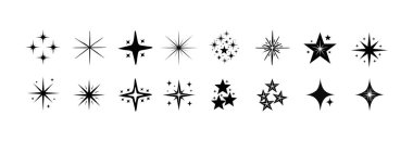 Star sparkle icons set. Glowing and shining decorative stars logo collection