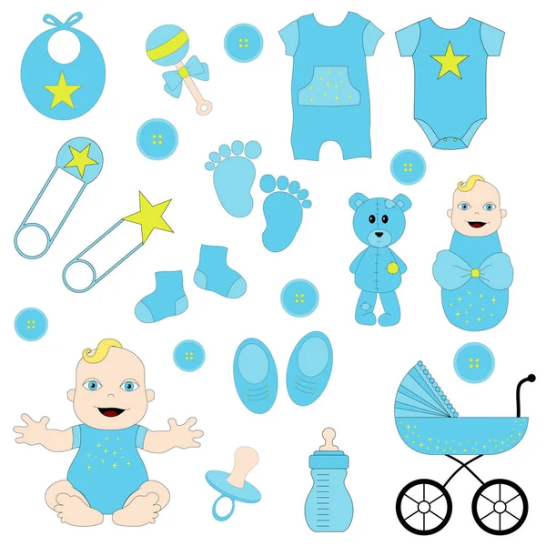 Baby Jongen Kinderwagen Babyfles Pinnen — Stockvector