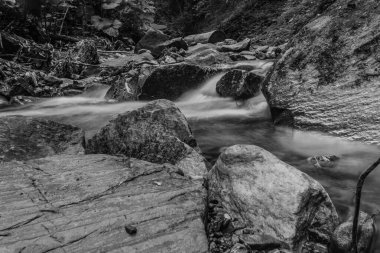 Taşlarla çevrili bir dağ nehrinin dikey görüntüsü.