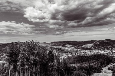 Dağlardaki bir ormanda bulutlu gökyüzü olan eski bir binanın gri tonlu görüntüsü.