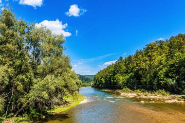 Ormanla çevrili güzel bir nehir ve yazın bulutlu bir gökyüzü.