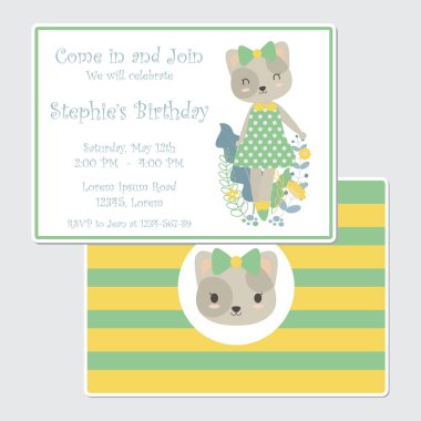 Vektör karikatür çizim çiçek bahçesinde Doğum günü kartı tasarım, davetiye ve tebrik kartı için uygun şirin kedi kızla