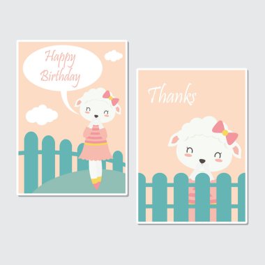 Doğum günü kartı tasarım, davetiye ve tebrik kartı için uygun çiftlikte şirin koyun ile vektör karikatür çizim
