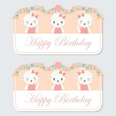 Vektör karikatür çizim şirin üç koyun ve çiçek Doğum günü etiket tasarımı için uygun sınır, küme ve davetiye kartı banner