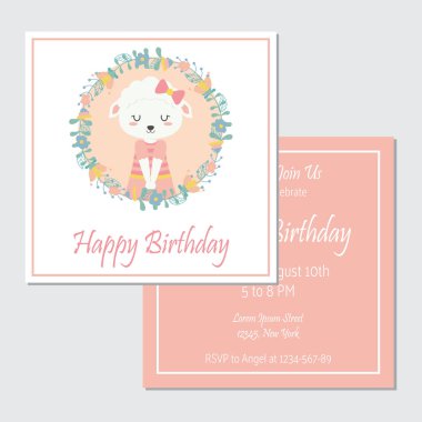 Vektör karikatür çizim çiçek çelenk Doğum günü kartı tasarım, davetiye ve tebrik kartı için uygun şirin koyun ile