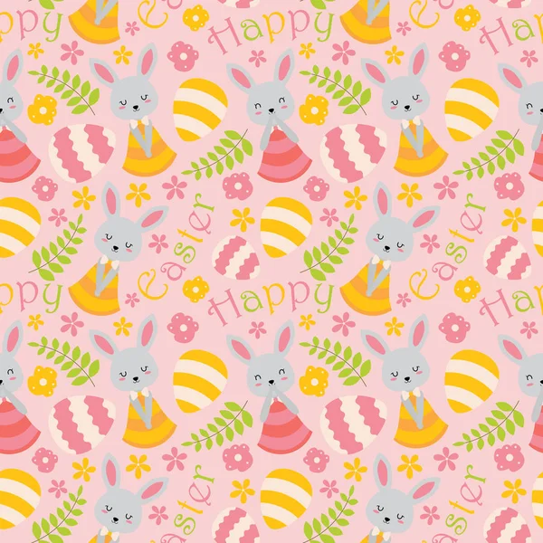 Бесшовный Узор Милым Кроликом Цветами Яйцами Розовом Фоне Векторный Рисунок — стоковый вектор