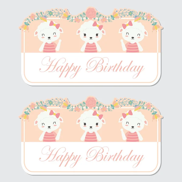 Vector cartoon illustration with cute three sheep and flower border suitable for birthday label design, banner set and invitation card