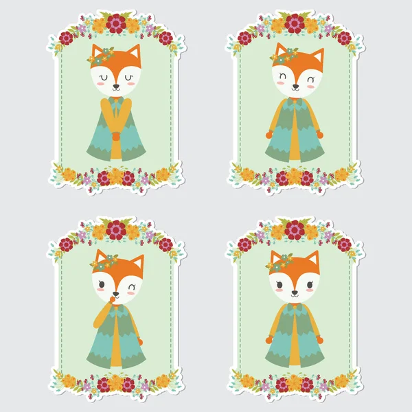Vector cartoon illustration with cute foxes on flower frames suitable for gift tag set design, thanks tag, and sticker set