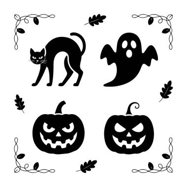 Kara kedi kabakları ve dekoratif elementlerden oluşan dört cadılar bayramı ikonu.
