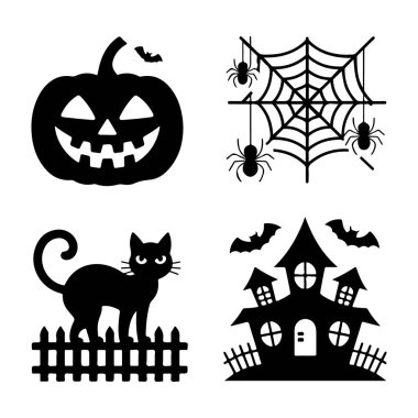 Cadılar Bayramı ikonlarının toplanmasında bir Jack o fener kedisi örümcek ağı ve perili ev silueti