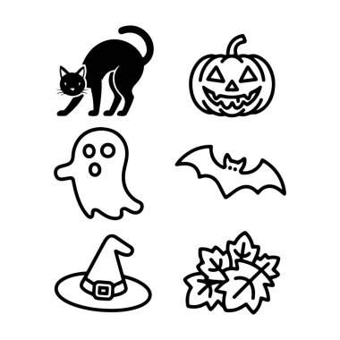 Cadılar Bayramı ikonlarının toplanması içinde kara kedi, balkabağı, yarasa cadı şapkası ve sonbahar yaprakları var.