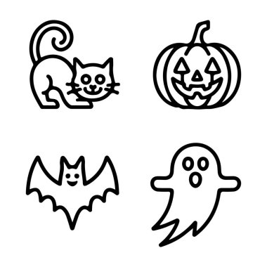 Dört cadılar bayramı simgesi. Aralarında siyah kedi Jack o fener yarasası ve basit bir siluette hayalet var.