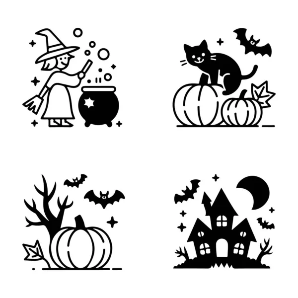 Bir cadı iksiri içeren tuhaf cadılar bayramı ikonları koleksiyonu Kara kedi balkabakları perili ev ve yarasalar silueti yapıyor