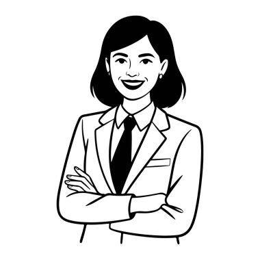 Takım elbiseli, kravatlı ve kollarını kavuşturmuş gülümseyen bir iş kadını şeffaf bir arkaplanda izole edilmiş kendine güvenen bir siluet.