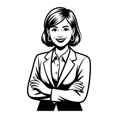 Güvenilir, gülümseyen iş kadını kollarını kavuşturup profesyonel bir kıyafet siluetine bürünmüş şeffaf bir arka planda izole edilmiş.