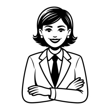 Profesyonel bir takım elbise içinde kollarını kavuşturup, şeffaf bir arkaplanda izole edilmiş klasik bir siluet bağlayan kendine güvenen bir iş kadını.