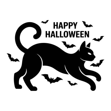 Uçan yarasalarla kara kedi silueti ve şeffaf arkaplanda izole edilmiş mutlu cadılar bayramı metni.