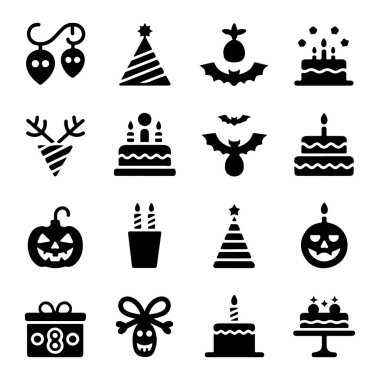 Bayram kutlamaları ve doğum günü pastaları, cadılar bayramı balkabakları ve şeffaf arkaplanda izole edilmiş noel süslemeleri.