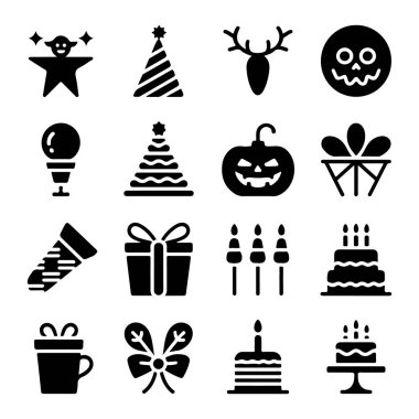 Şeffaf arkaplanda izole edilmiş kutlama ikonları, hediyeler, pasta ve parti şapkaları koleksiyonu.