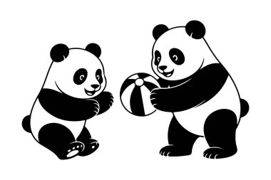 Adorable panda family playing together with a colorful ball line art scene silhouette