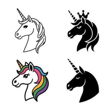 Dört farklı tek boynuzlu at baş tasviri silüeti ve renkli yeleli taslak şekiller.