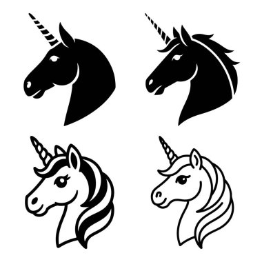 İki siyah siluet ve iki detaylı çizgi sanat siluetinin yer aldığı dört tek boynuzlu at baş illüstrasyonunun koleksiyonu