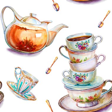 Parti renkli çay fincanları ve çay tabakları yakın plan. El yapımı eskiz. Sevgililer günü için kartpostal. Suluboya çizimi. Kusursuz desen