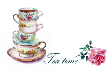 Parti rengarenk çay fincanları ve çiçekli çay tabakları. El yapımı eskiz. Sevgililer günü için kartpostal. Suluboya çizimi.