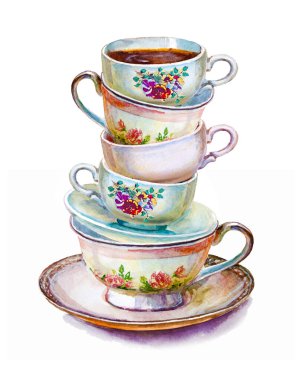 Parti renkli çay fincanları ve çay tabakları yakın plan. El yapımı eskiz. Sevgililer günü için kartpostal. Suluboya çizimi.
