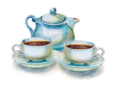 Çay fincanı ve gül çiçekli çaydanlık. Çiçek çayı. Suluboya çizimi