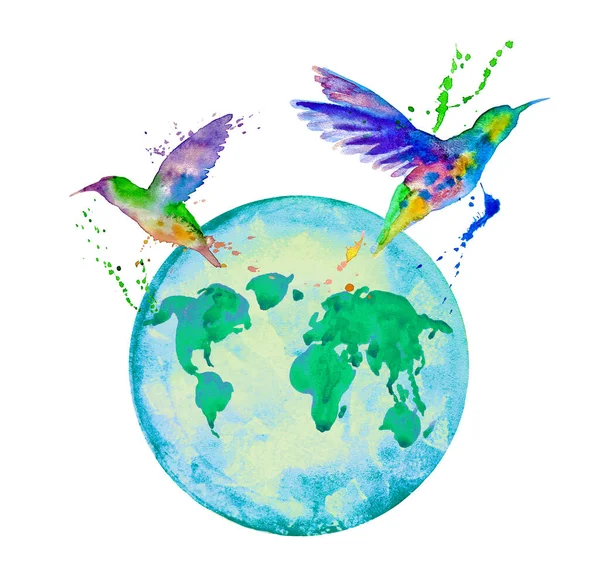Kolibris Fliegen Über Den Globus Aquarellillustration — Stockfoto