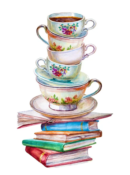 Вечеринка Красочные Чашки Чая Книги Крупным Планом Ручной Рисунок Открытка — стоковое фото