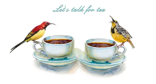 Party Colorful Tea Cups Saucers Two Yellow Birds Closeup Let — Stock Photo, Image