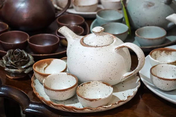 Ręcznie Robione Czajniczek Filiżanki Ceramiczny Zestaw Porcelany — Zdjęcie stockowe