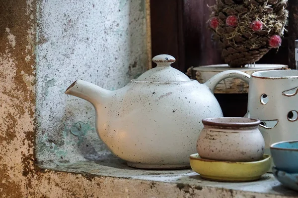 Handgjorda Tekanna Och Koppar Keramik Porslin Set — Stockfoto