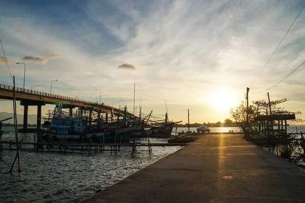 Fishing Boats Port Bridge Thailand — Stock Photo, Image