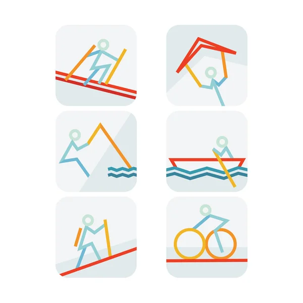 Sport Activity Line Art Icon Ciclismo Esquí Piragüismo Parapente Pesca — Vector de stock