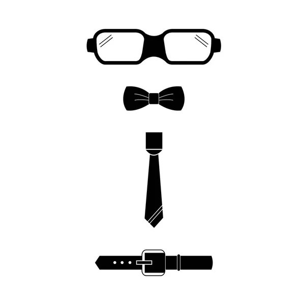 Herrenbekleidung Accessoires Brillen Fliege Krawatte Gürtel Symbol Vektor Auf Weißem — Stockvektor