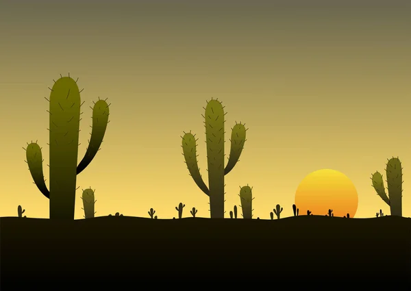 Deserto Paesaggio Alba Cactus Sfondo Scena Silhouette — Vettoriale Stock