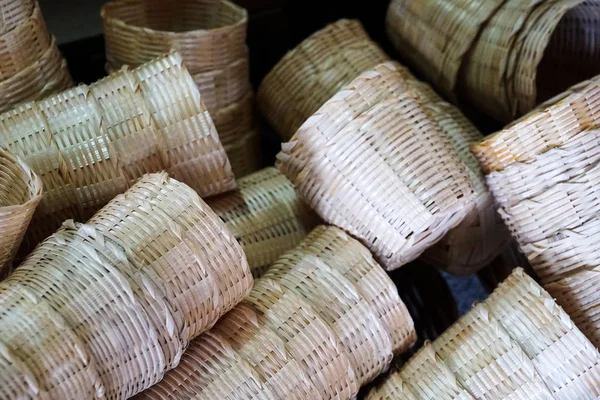 Panier Traditionnel Bambou Tissé Main Thaï — Photo