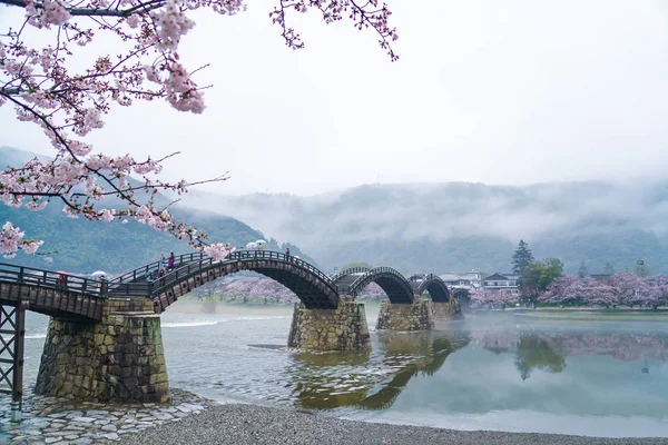 Yağmurlu günde Kintai Kyo köprüsü, Iwakumi Hiroşima, Japonya