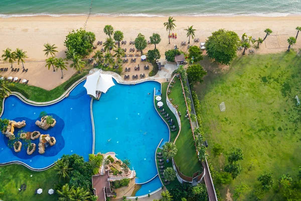 beach front view, pool, park from top view